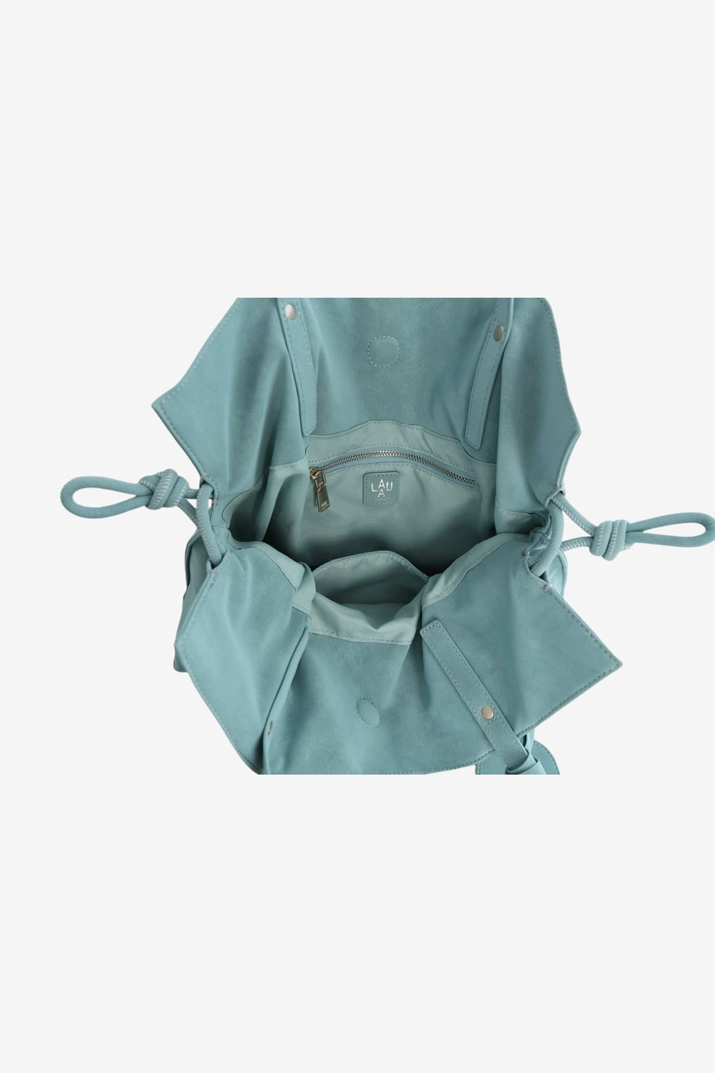 Isabelle Bag in Sky — open, viewed from above, on light grey